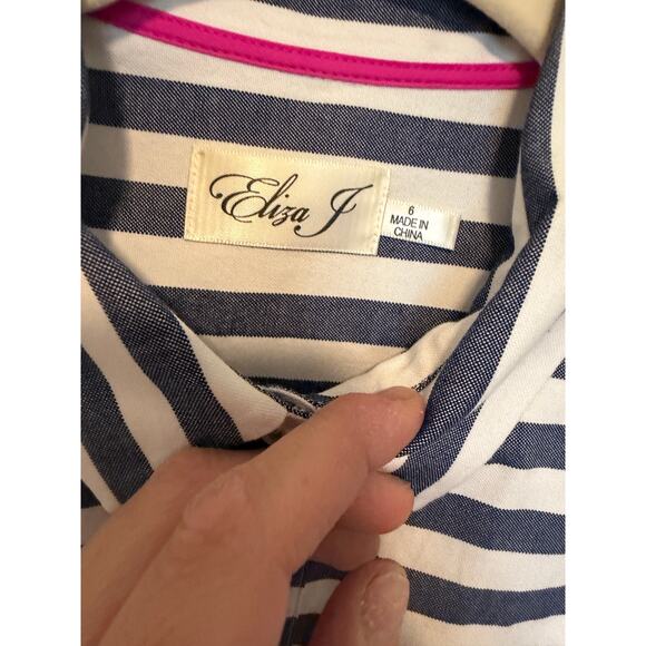 Eliza J Women's 6 Blue White Pink Striped Fit Flare Sleeveless Belted Dress - Picture 8 of 13